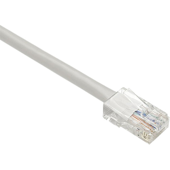 Close-up view of Unirise Cat.6 network cable's RJ-45 connector with transparent housing and gray cable jacket