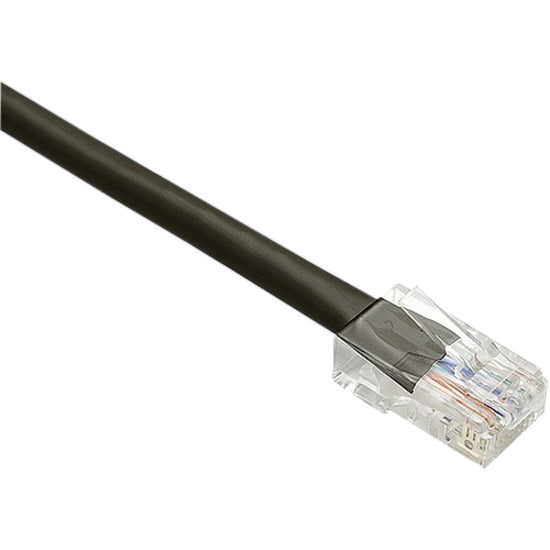 Close-up view of Unirise Cat.6 network cable's RJ-45 connector showing transparent housing and black cable jacket