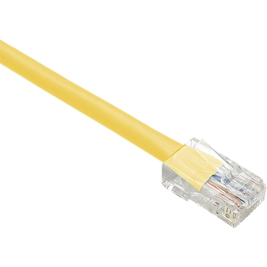 Close-up view of yellow Cat.6 network cable with transparent RJ-45 connector showing internal wiring configuration