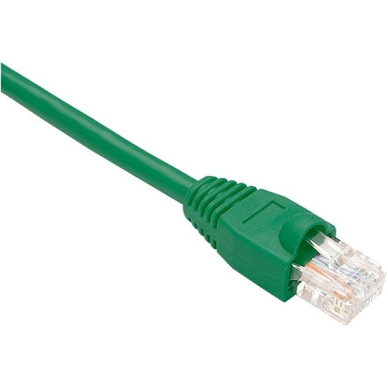 Close-up view of green Cat.5e network cable with snagless RJ-45 connector showing internal wiring contacts