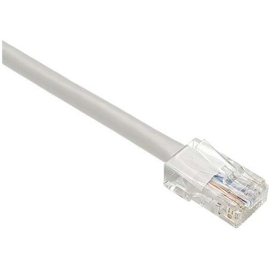 Close-up view of Unirise Cat.6 network cable showing transparent RJ-45 connector and gray cable jacket with snagless boot