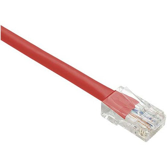 Red Cat.6 network cable with transparent RJ-45 connector and snagless boot design