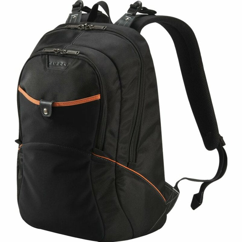 Everki Glide laptop backpack side view showing black exterior with orange accent trim and padded shoulder straps-alternate-image1