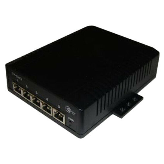 Tycon Power TP-SW5G-24 5-port Gigabit PoE switch with black metal housing and RJ-45 ports