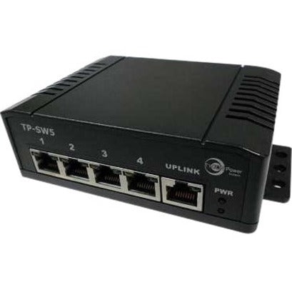 Tycon Power TP-SW5G-NC 5-port gigabit PoE switch with black industrial housing, featuring 4 PoE ports and 1 uplink port