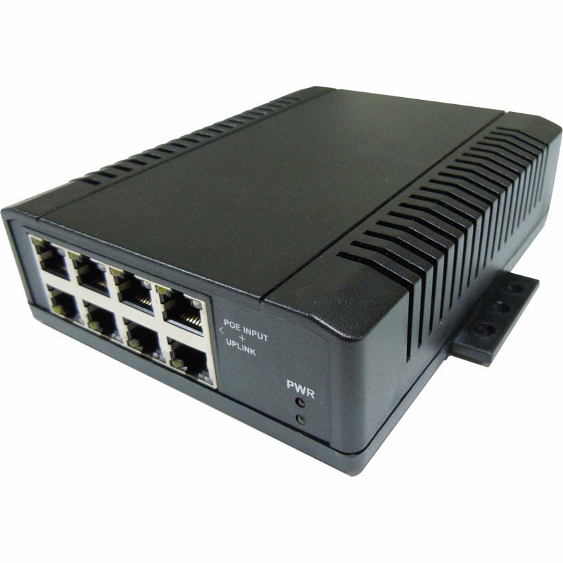 Tycon Power TP-SW8-NC 8-port PoE switch with industrial housing, featuring 8 RJ-45 ports and DIN rail mounting capability