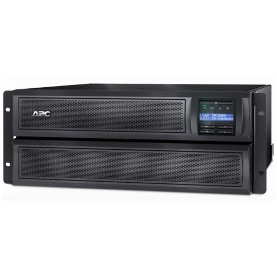 Front view of APC Smart-UPS X 2000VA rack-mounted UPS system with LCD display and mesh front panel