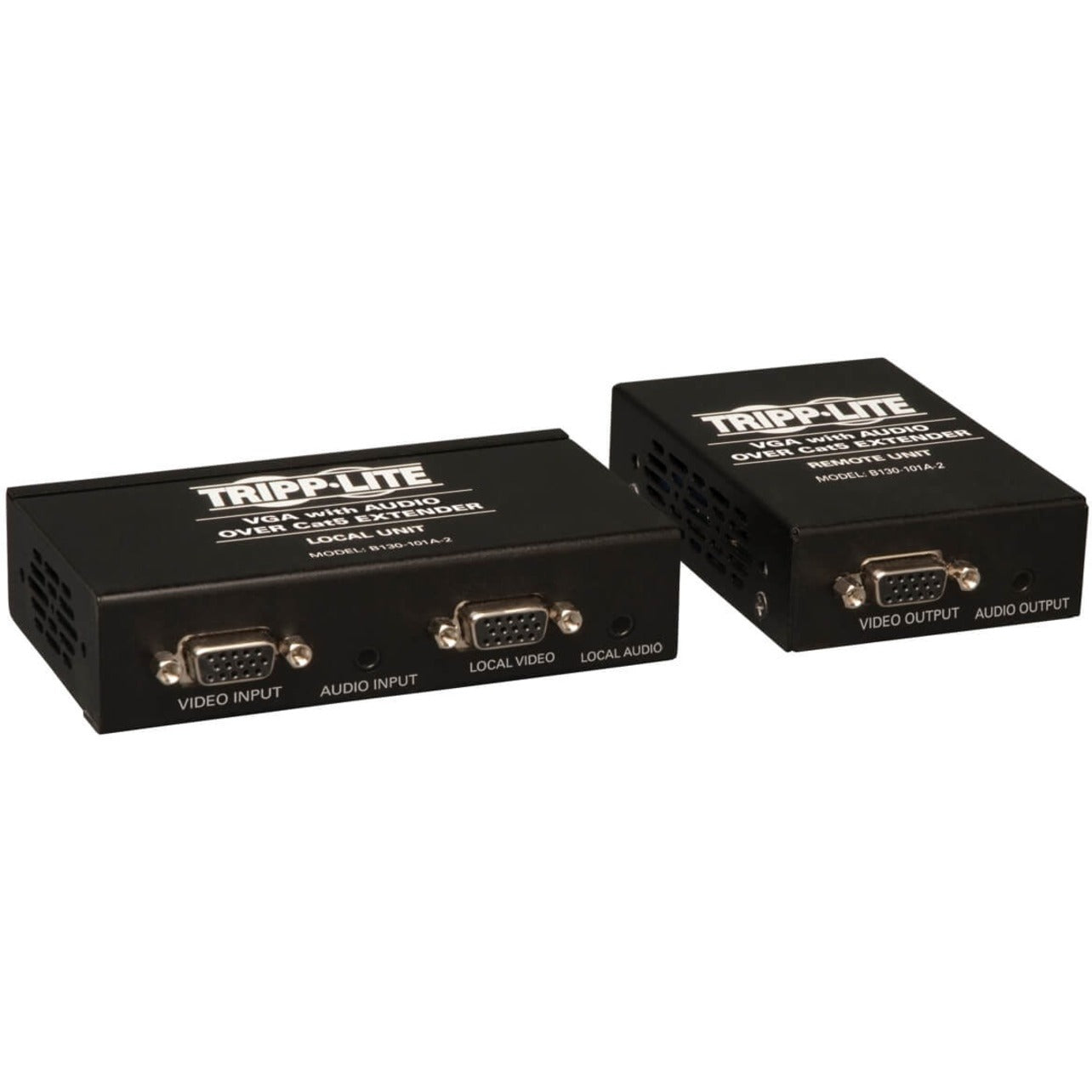 Tripp Lite VGA with Audio Cat5 Extender Kit showing local and remote units with VGA and audio ports-alternate-image1