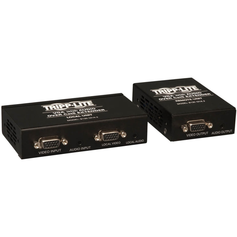 Tripp Lite VGA with Audio Cat5 Extender Kit showing local and remote units with VGA and audio ports