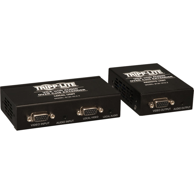 Angled view of Tripp Lite VGA Audio Extender Kit showing both units and connection ports