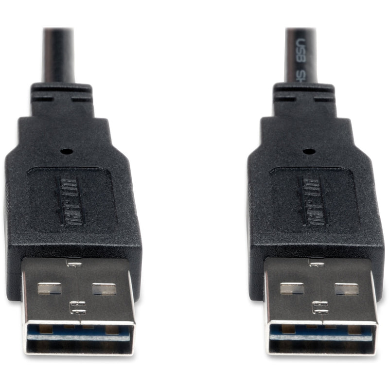 Close-up view of Tripp Lite UR020-003 reversible USB connectors showing dual Type-A male ends with gold-plated contacts