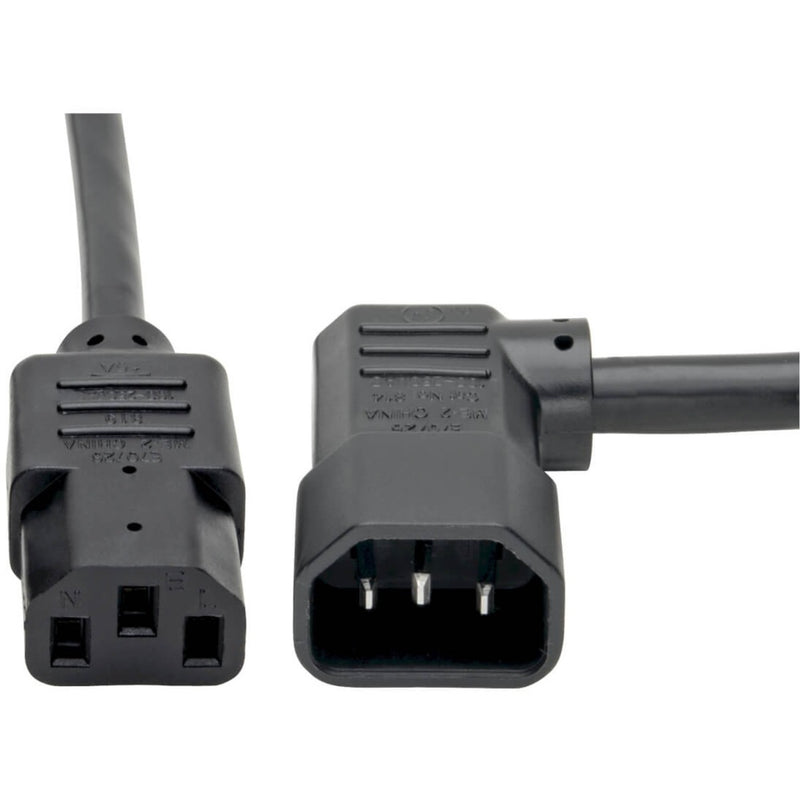 Close-up view of Tripp Lite power cord's C13 female connector and left-angle C14 male connector showing 14AWG construction