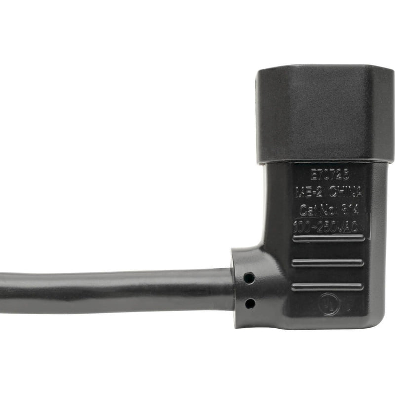 Close-up of left-angle connector showing safety ratings and certification markings