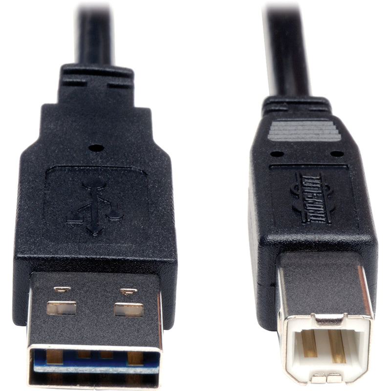 Detailed view of Tripp Lite USB cable connector construction showing molded strain relief and shielding