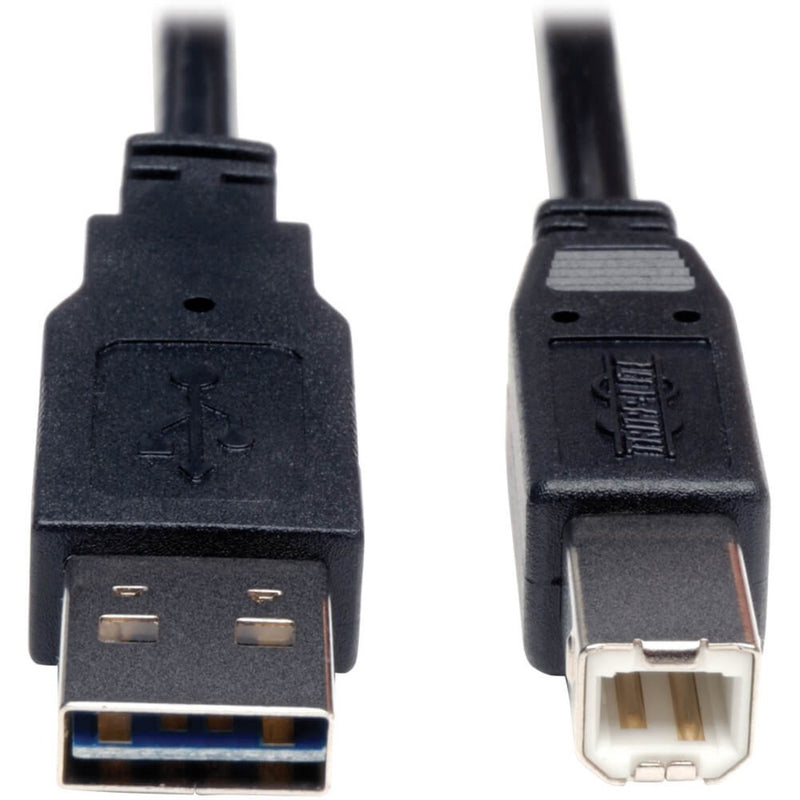 Close-up view of Tripp Lite USB cable connectors showing gold-plated Type-A and Type-B ends with reversible design