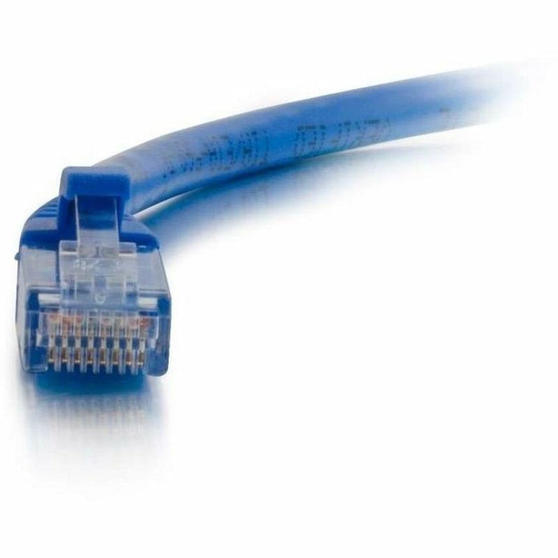 Detailed view of Cat6a ethernet connector showing internal pin configuration and blue strain relief boot