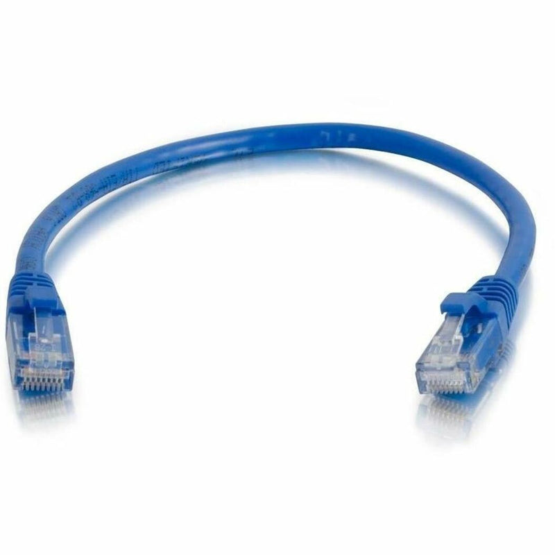 Full length view of blue Cat6a ethernet patch cable showing both connector ends