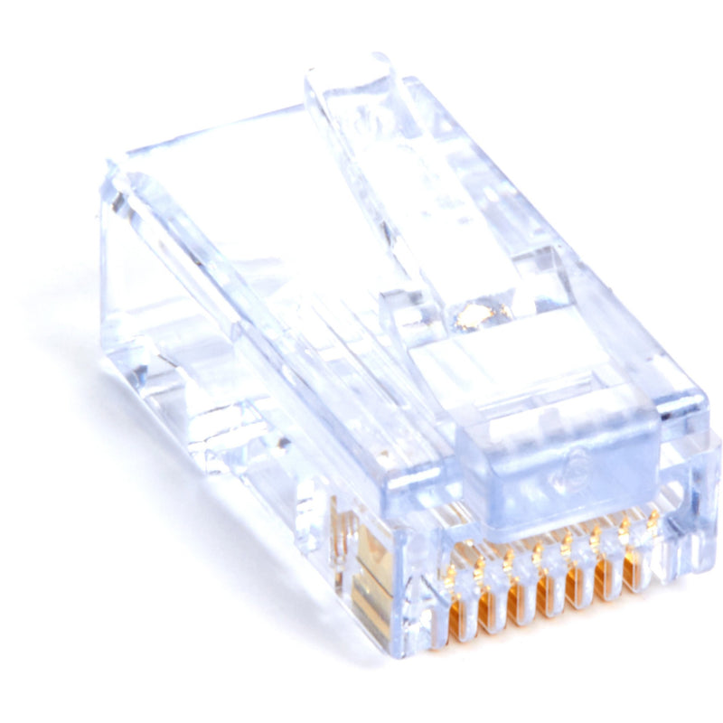 Transparent EZ-RJ45 connector showing gold-plated contacts and pass-through wire channels