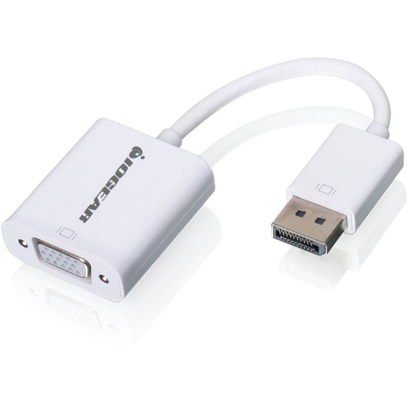 Side view of IOGEAR DisplayPort to VGA adapter showing slim profile and IOGEAR branding