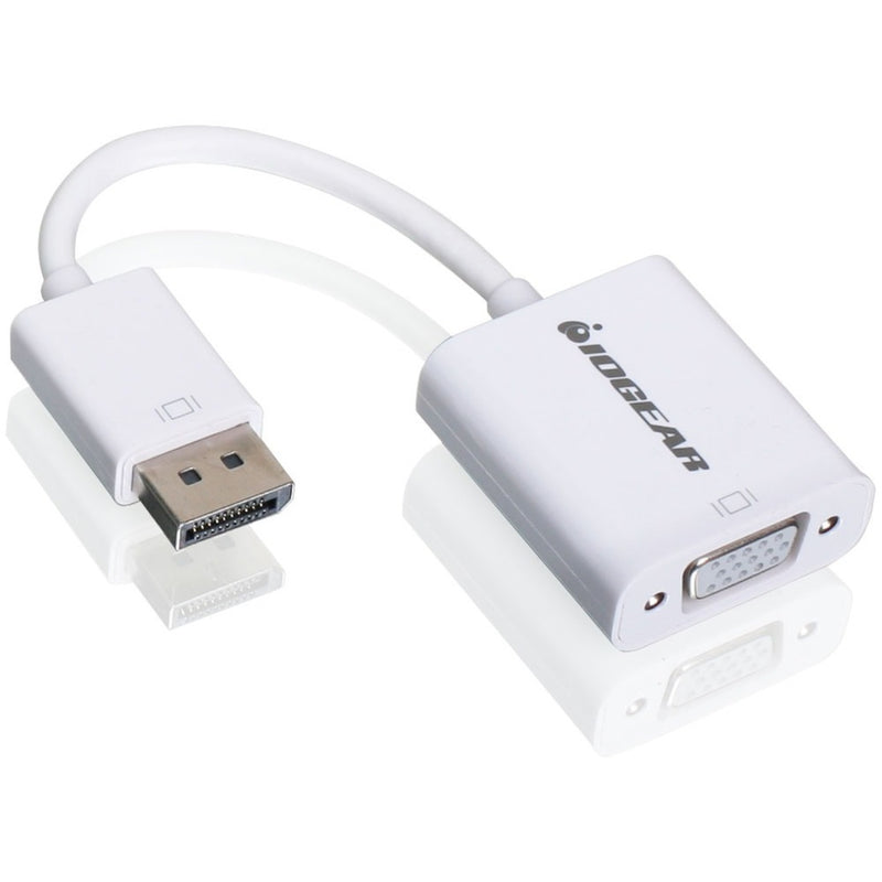 IOGEAR DisplayPort to VGA adapter cable showing DisplayPort male connector and VGA female port with white housing