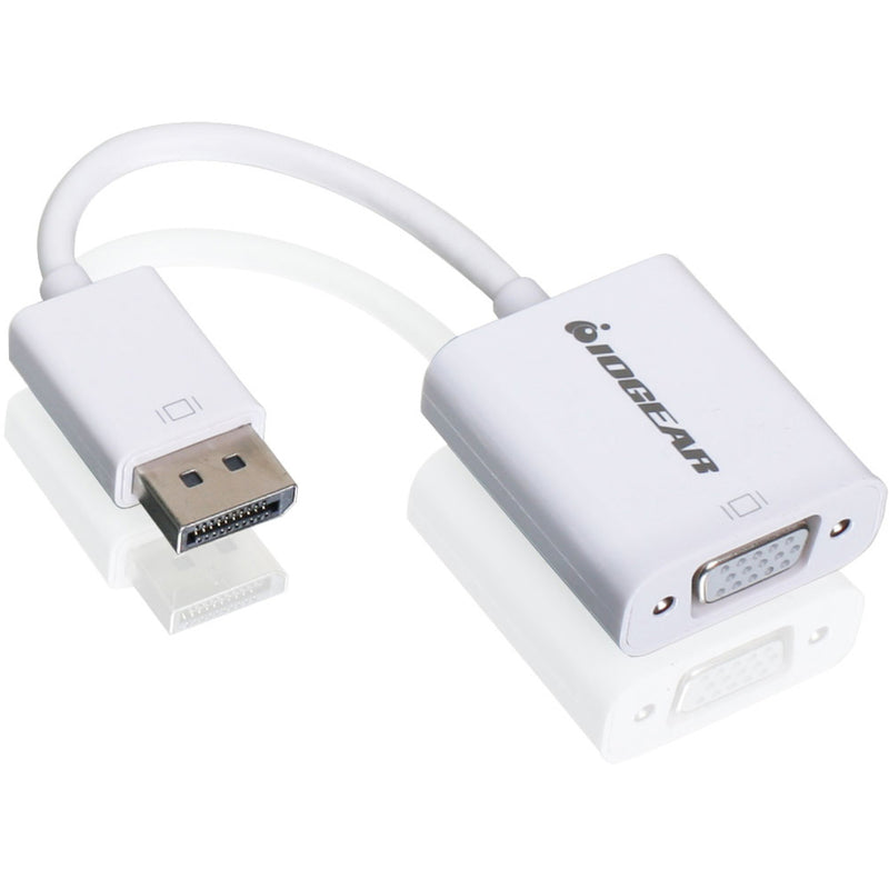 Angled view of IOGEAR DisplayPort to VGA adapter showing both connector ends and cable flexibility