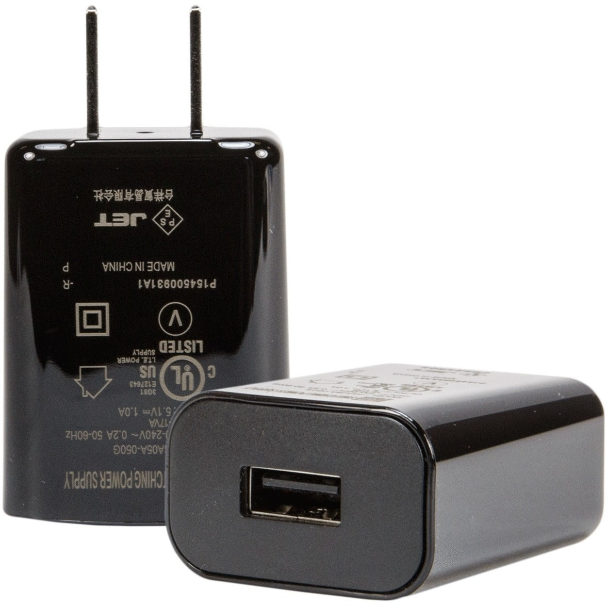 Socket Mobile AC4065-1499 USB power adapter showing both front and back views with USB Type-A port and regulatory markings-alternate-image1