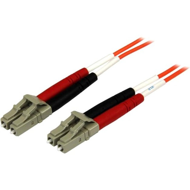 StarTech.com LC to LC multimode fiber patch cable showing dual connectors with orange cable