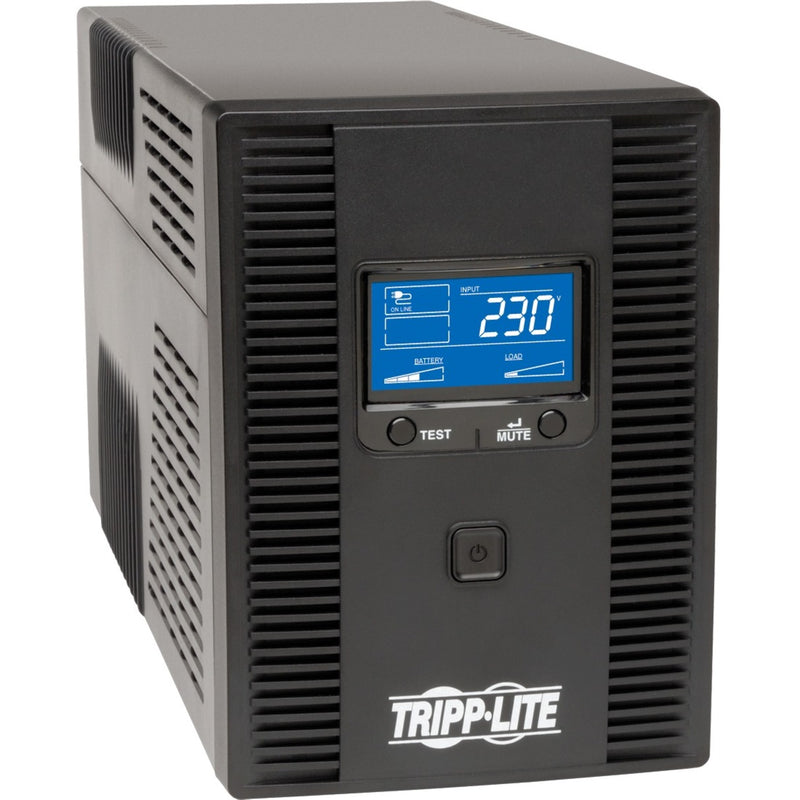 Front view of Tripp Lite SMX1500LCDT UPS showing LCD display panel with power monitoring information