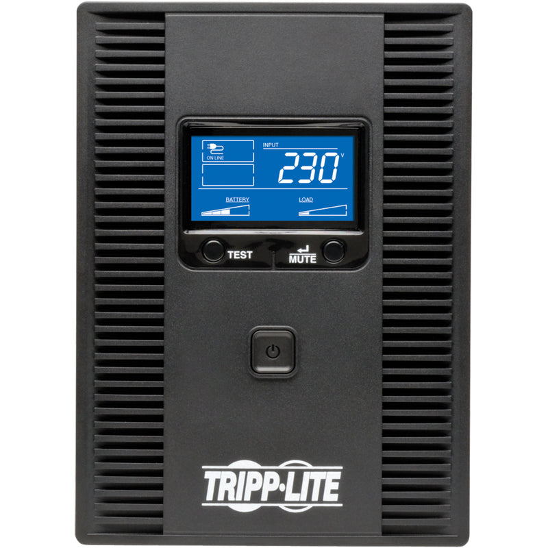 Close-up view of Tripp Lite UPS LCD display showing power metrics and status indicators