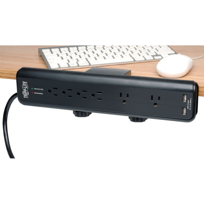 Side view of Tripp Lite surge protector showing sleek design and multiple outlets