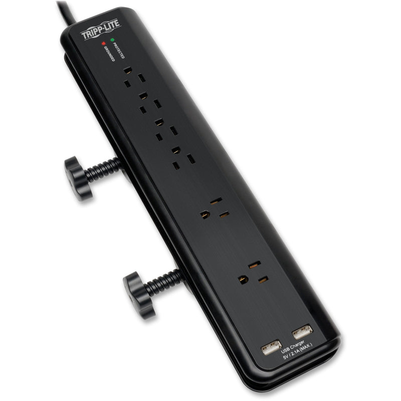 Tripp Lite surge protector with 6 outlets and 2 USB ports shown with desk mounting clamps