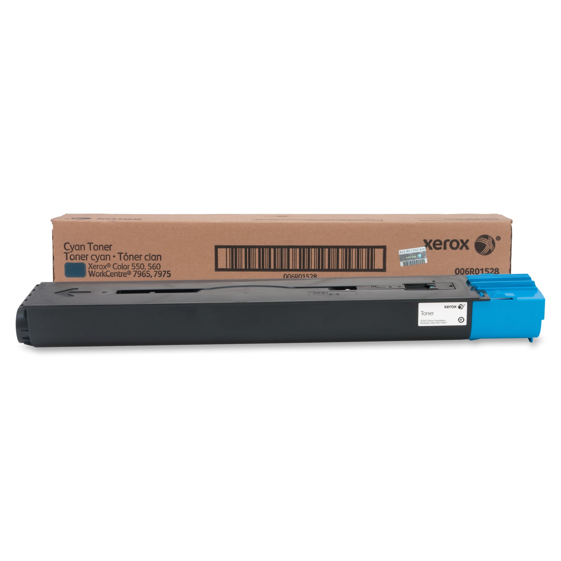 Full product shot of Xerox cyan toner cartridge with retail box and packaging-alternate-image6