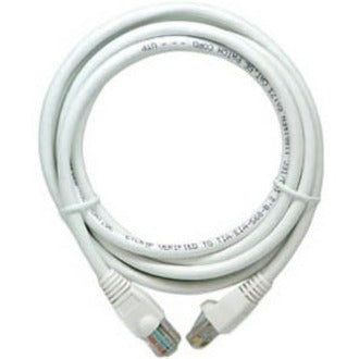 White Cat 5e network patch cable with RJ-45 connectors showing snagless boots and molded strain relief