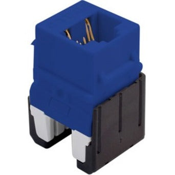 Blue On-Q Cat 6a RJ45 keystone insert with quick-connect terminals and black base mount