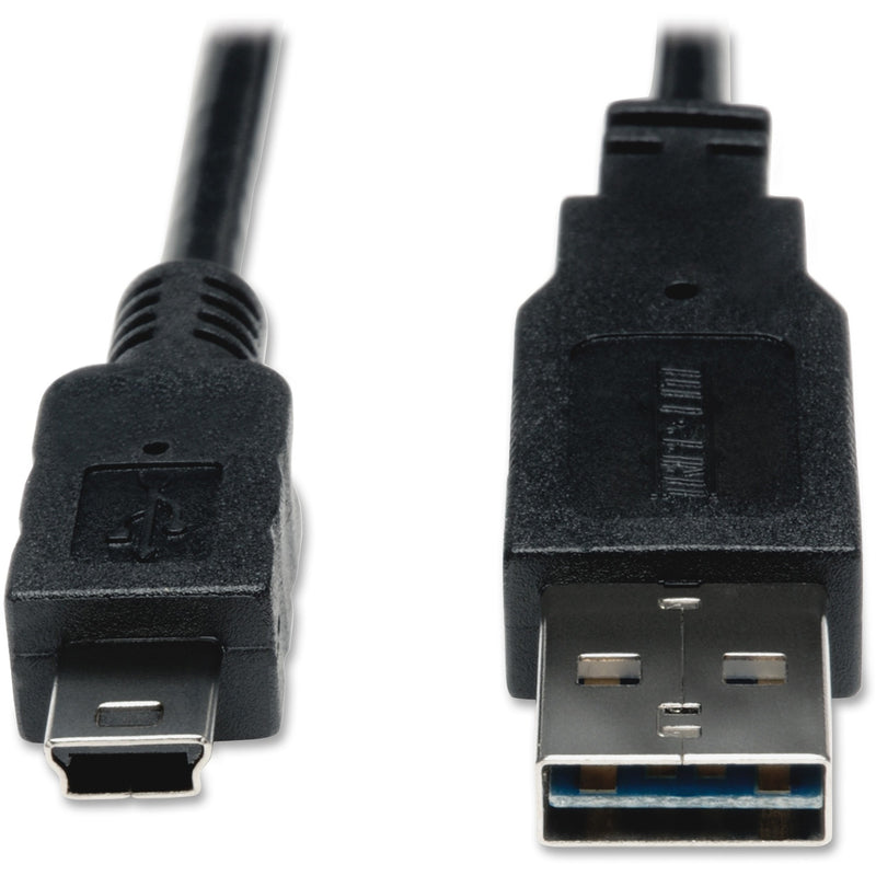 Close-up view of Tripp Lite USB 2.0 cable connectors showing gold-plated USB Type-A and Mini-B ends with molded strain relief