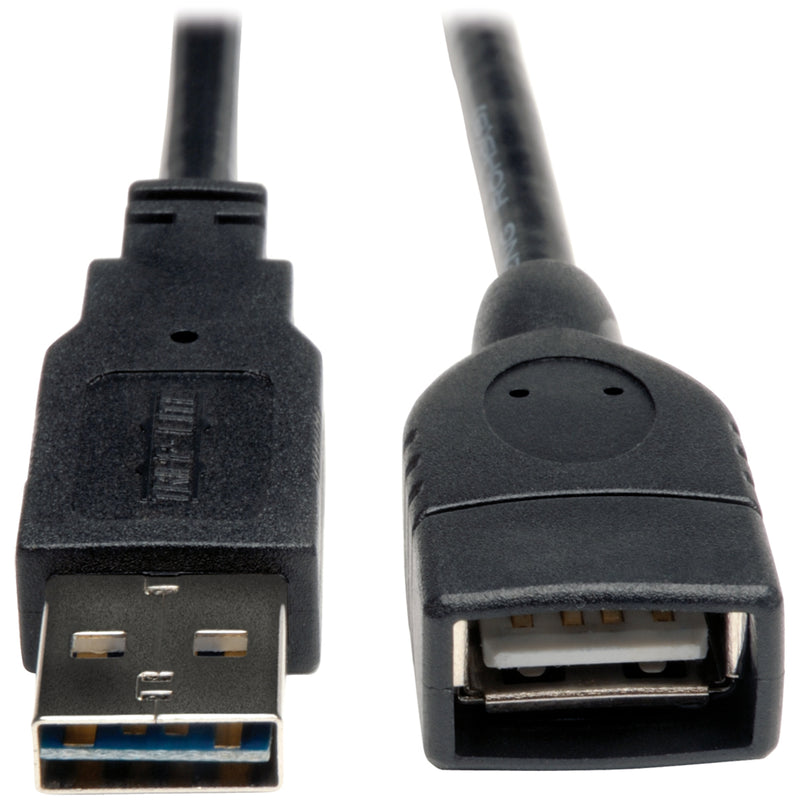 Close-up view of Tripp Lite USB extension cable showing reversible Type-A male connector and female port with gold-plated contacts