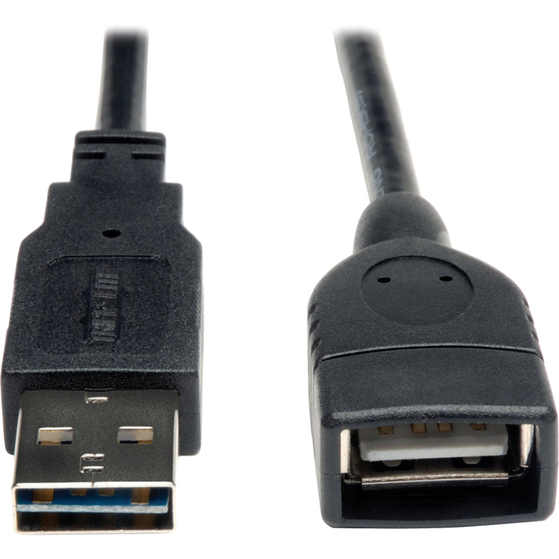 Detailed view of Tripp Lite USB cable's reversible connector design showing both male and female ends