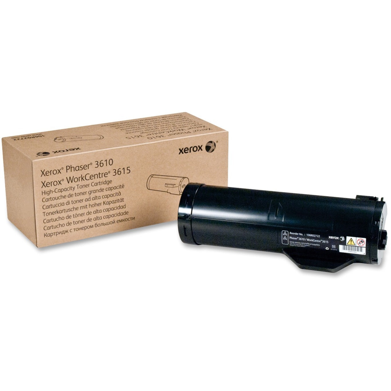 Xerox 106R02722 high-capacity toner cartridge for Phaser 3610 and WorkCentre 3615 shown with retail packaging and cartridge unit-alternate-image1