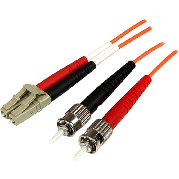 Orange fiber optic patch cable showing LC connector end and ST connector terminations with black and red strain relief boots-alternate-image1