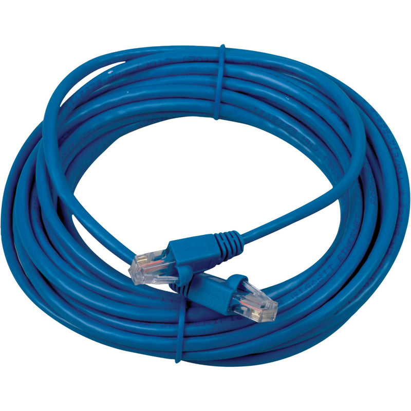 RCA TPH532BR 25-foot blue Cat5e network cable with RJ-45 connectors coiled in circular arrangement