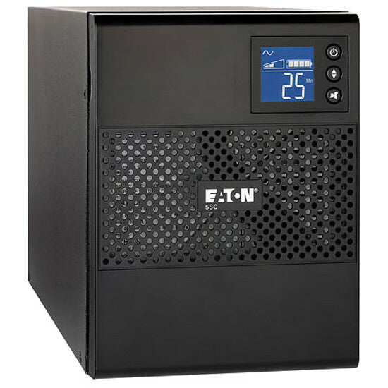 Front view of Eaton 5SC750 UPS showing LCD display screen with power metrics and ventilated front panel design-alternate-image1