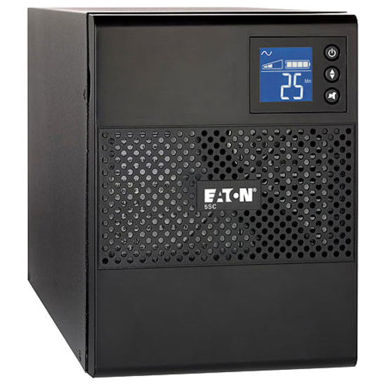 Eaton 5SC 1000VA UPS showing front view with LCD display screen and ventilated front panel