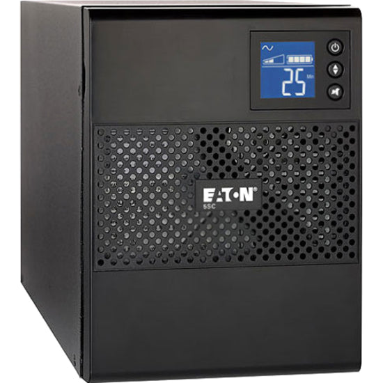 Eaton 5SC 1500VA UPS tower unit featuring LCD display interface with blue backlight and ventilated front panel design