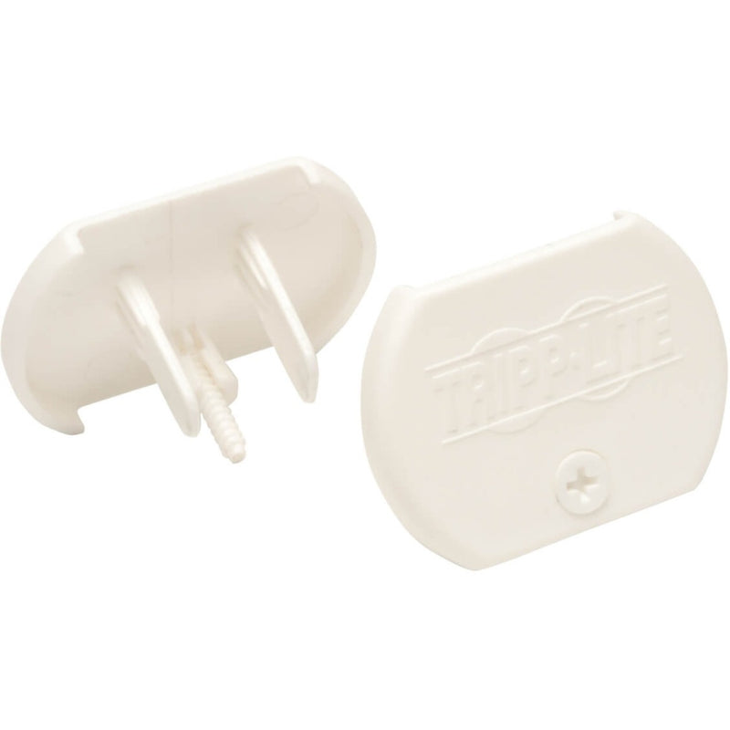 Close-up view of white antimicrobial outlet covers for hospital-grade power strips showing installation mechanism