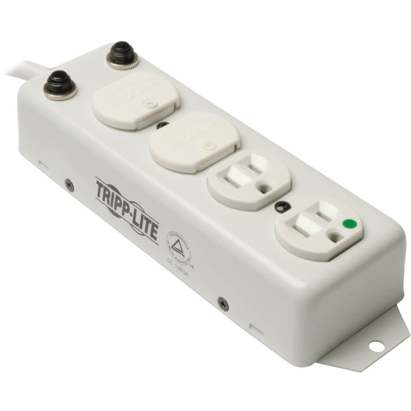 Hospital-grade Tripp Lite power strip with white antimicrobial outlet covers installed