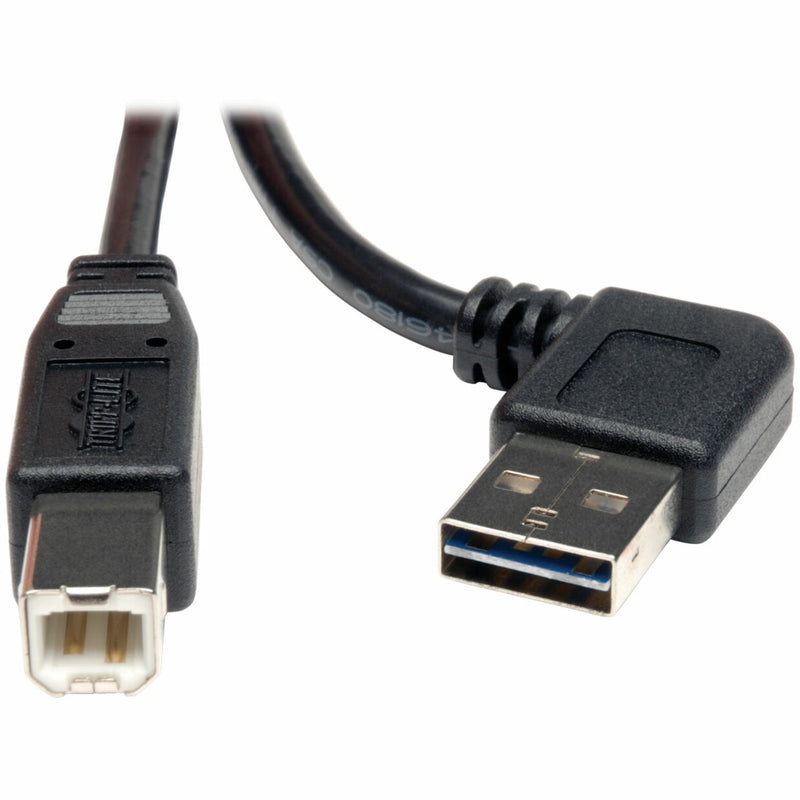 Close-up view of Tripp Lite USB 2.0 cable showing right-angle connector and reversible Type-A end