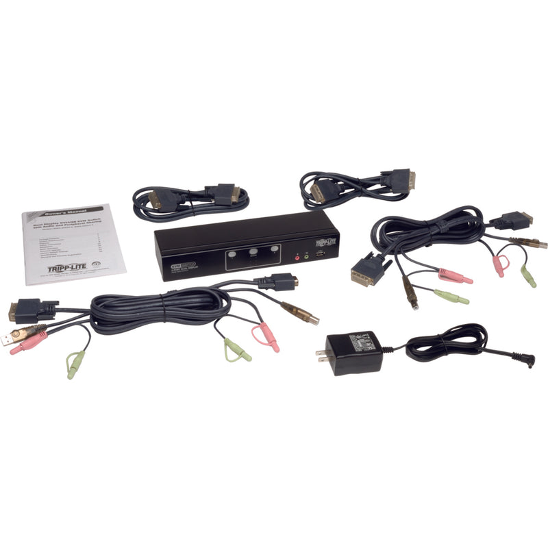 Complete package contents including KVM switch, cables, power supply, and manual