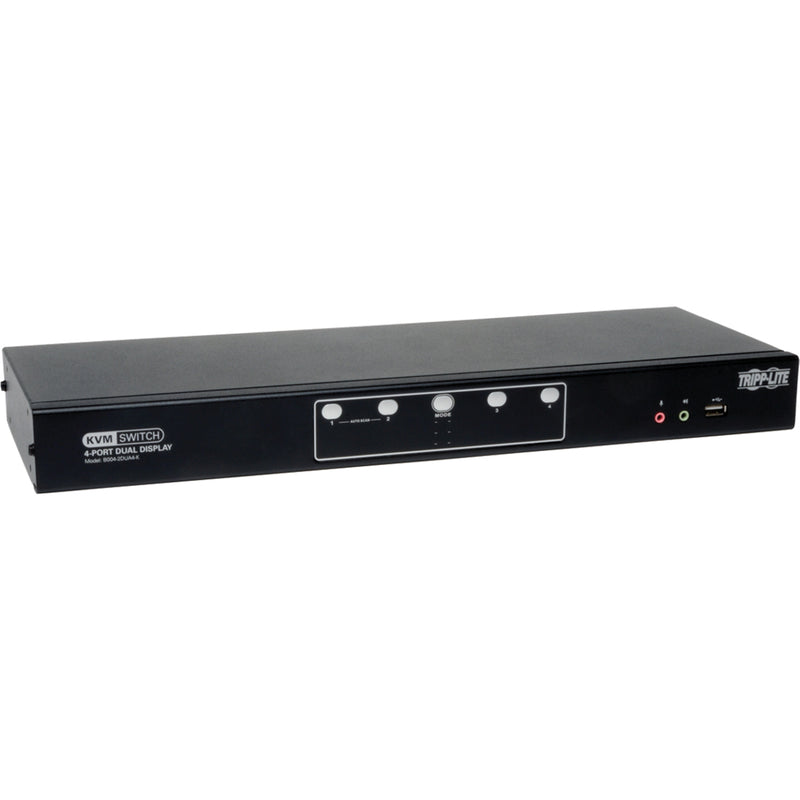 Front view of Tripp Lite 4-port dual monitor KVM switch showing control buttons and USB ports