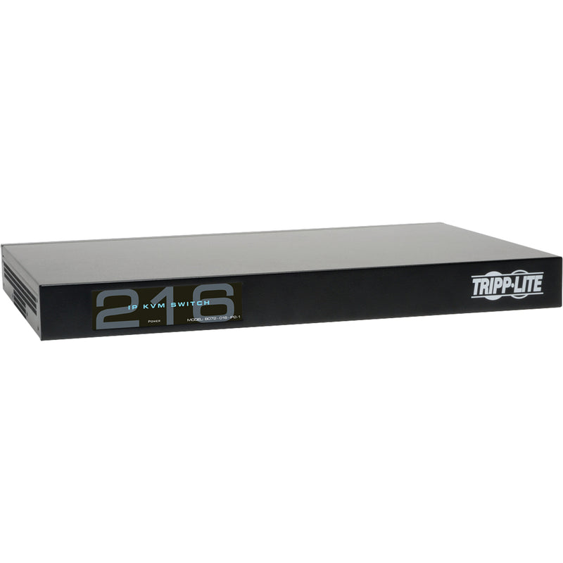 Front view of Tripp Lite B072-016-IP2 16-port KVM switch showing LED display and 1U rack-mount design