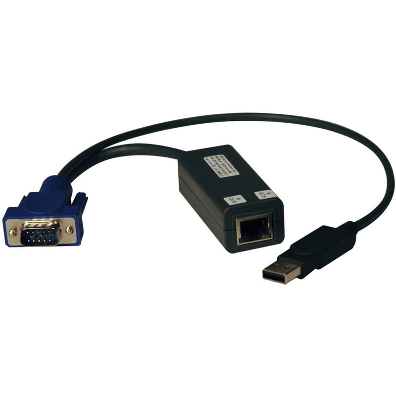 Tripp Lite NetCommander USB Server Interface Unit showing VGA connector, USB port, and RJ45 interface with black housing